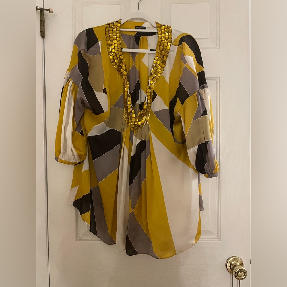 Magaschoni Yellow, Black, and White Geometric Blouse